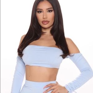 TOP ONLY fashion nova blue strapless ruched crop top